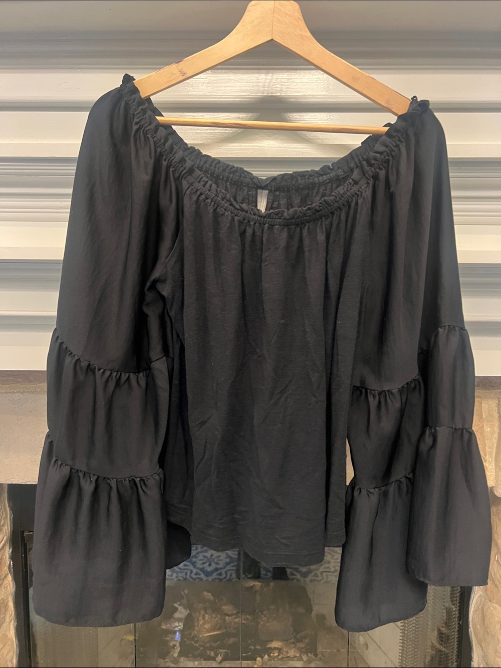 Anthropologie Off-Shoulder Black Tiered Bell Sleeve Top